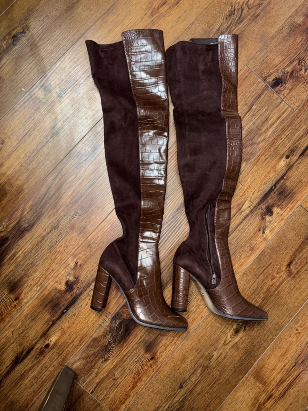 Aldo Brown Croc-Embossed & Suede Over-the-Knee Heel Boot